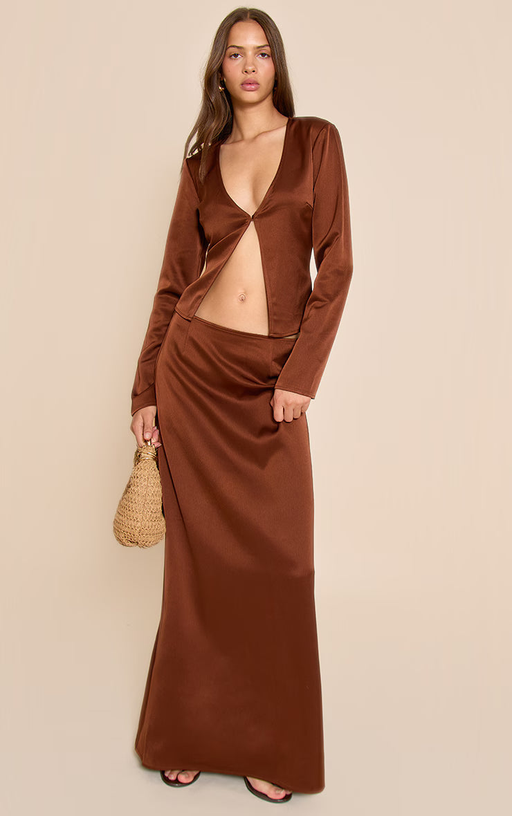 Chocolate Satin Plunge Button Long Sleeve Top