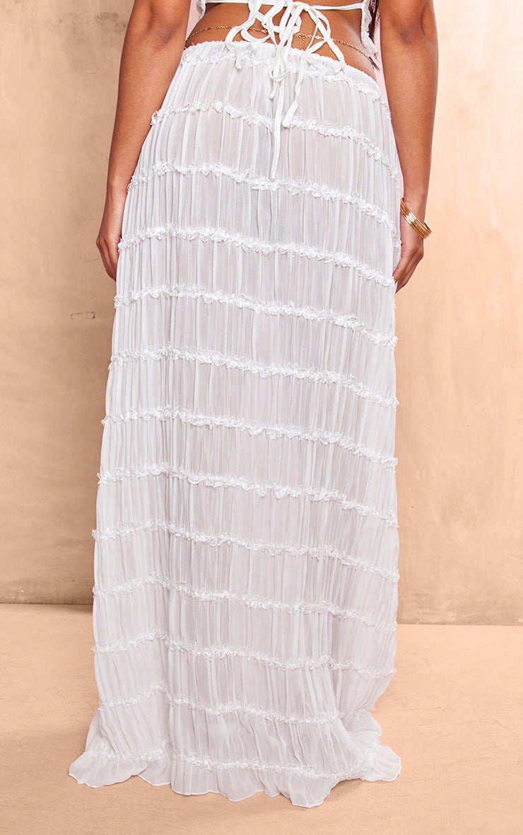 White Chiffon Ruched Frill Detail Tiered Maxi Skirt