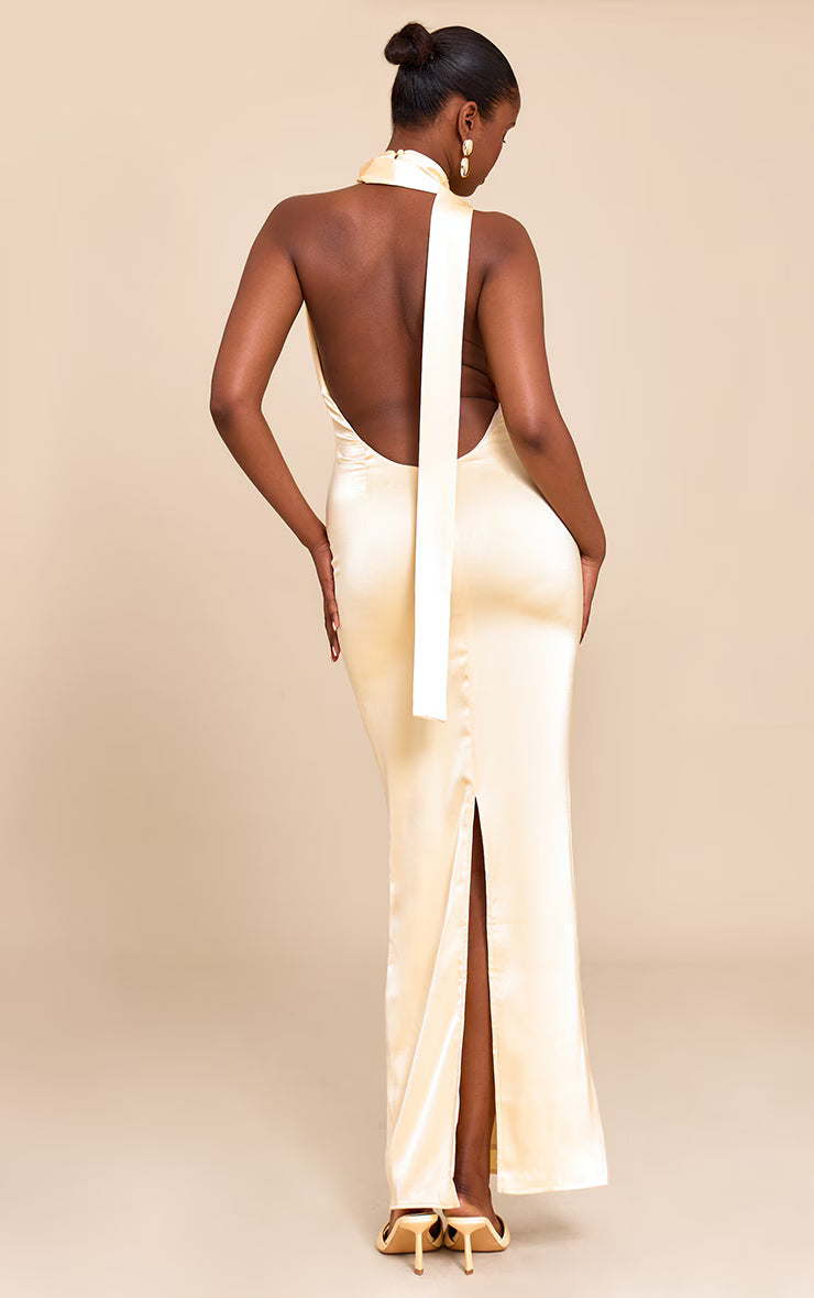 Butter Yellow Satin Cowl Neck Drape Maxi Dress
