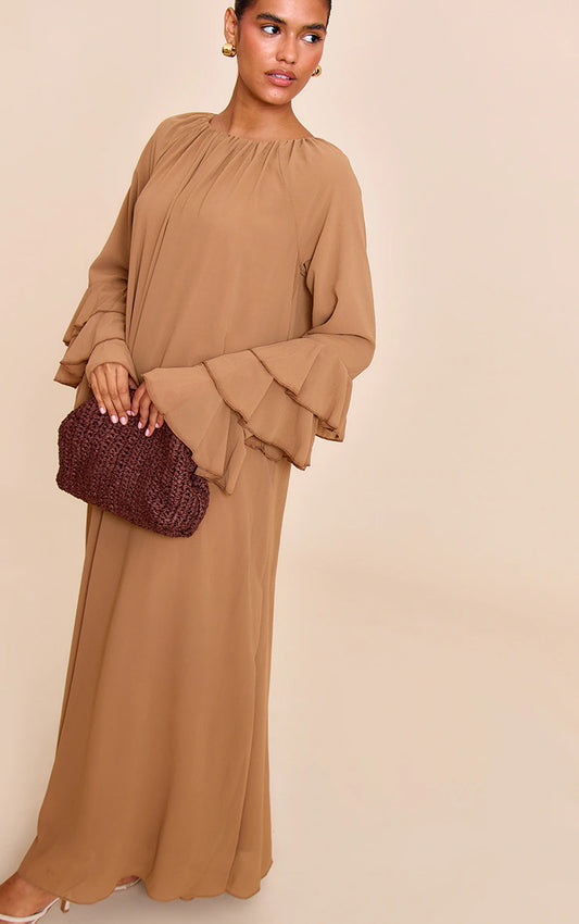 Chocolate Chiffon Frill Sleeve Detail Maxi Dress