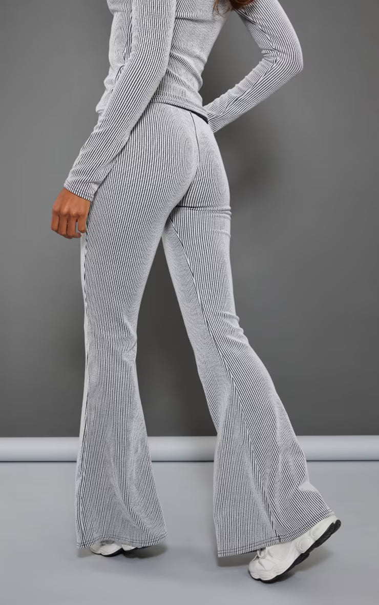 Light Grey Two Tone Rib High Waist Flares