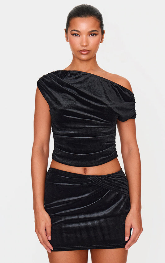 Black Velvet Ruched Detail Top