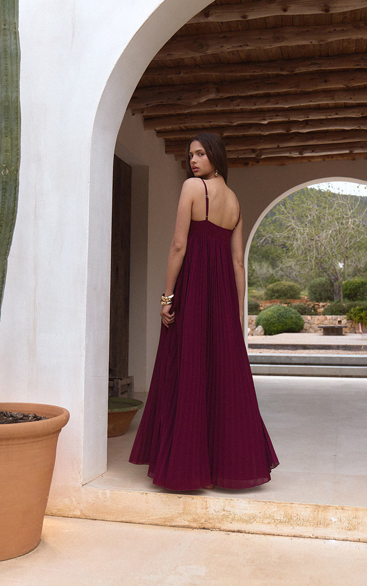 Wine Plisse Maxi Dress
