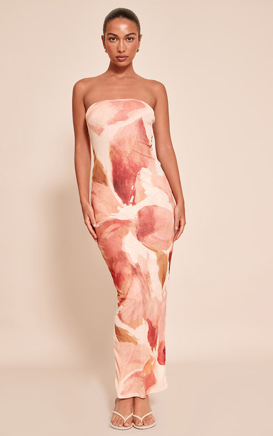 Pink Floral Abstract Printed Onion Skin Bandeau Maxi Dress