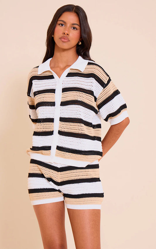Petite Multi Neutral Knit Crochet Button Through Top
