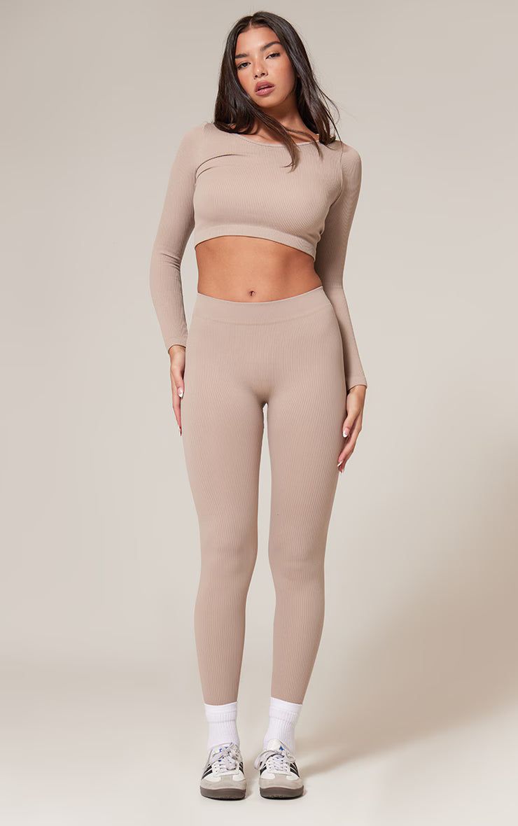 Stone Structured Snatched Ribbed Round Neck Long Sleeve Crop Top