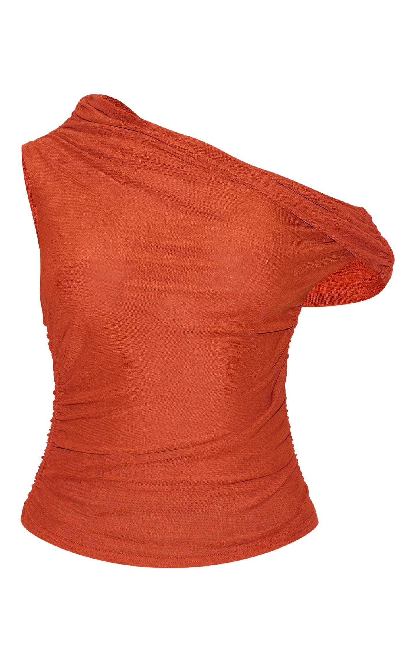 Burnt Orange Mesh Ruched Detail Asymmetric Top