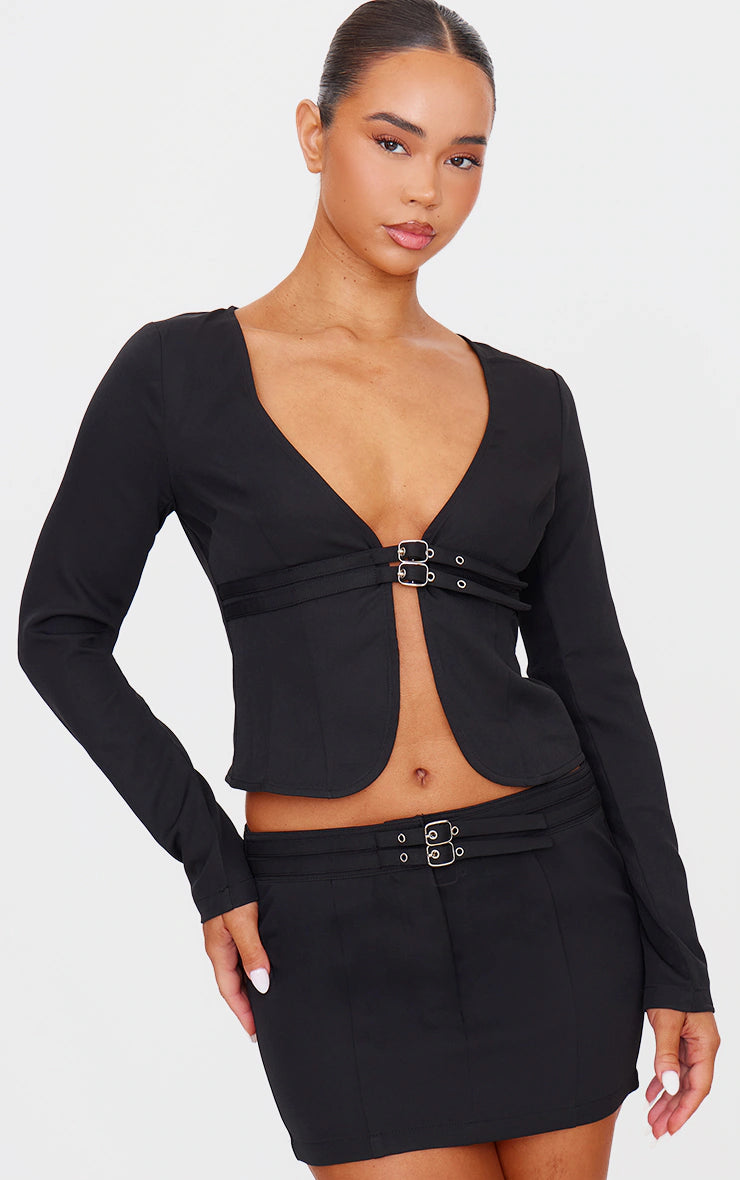 Black Tailored Woven Buckle Detail Low Rise Mini Skirt