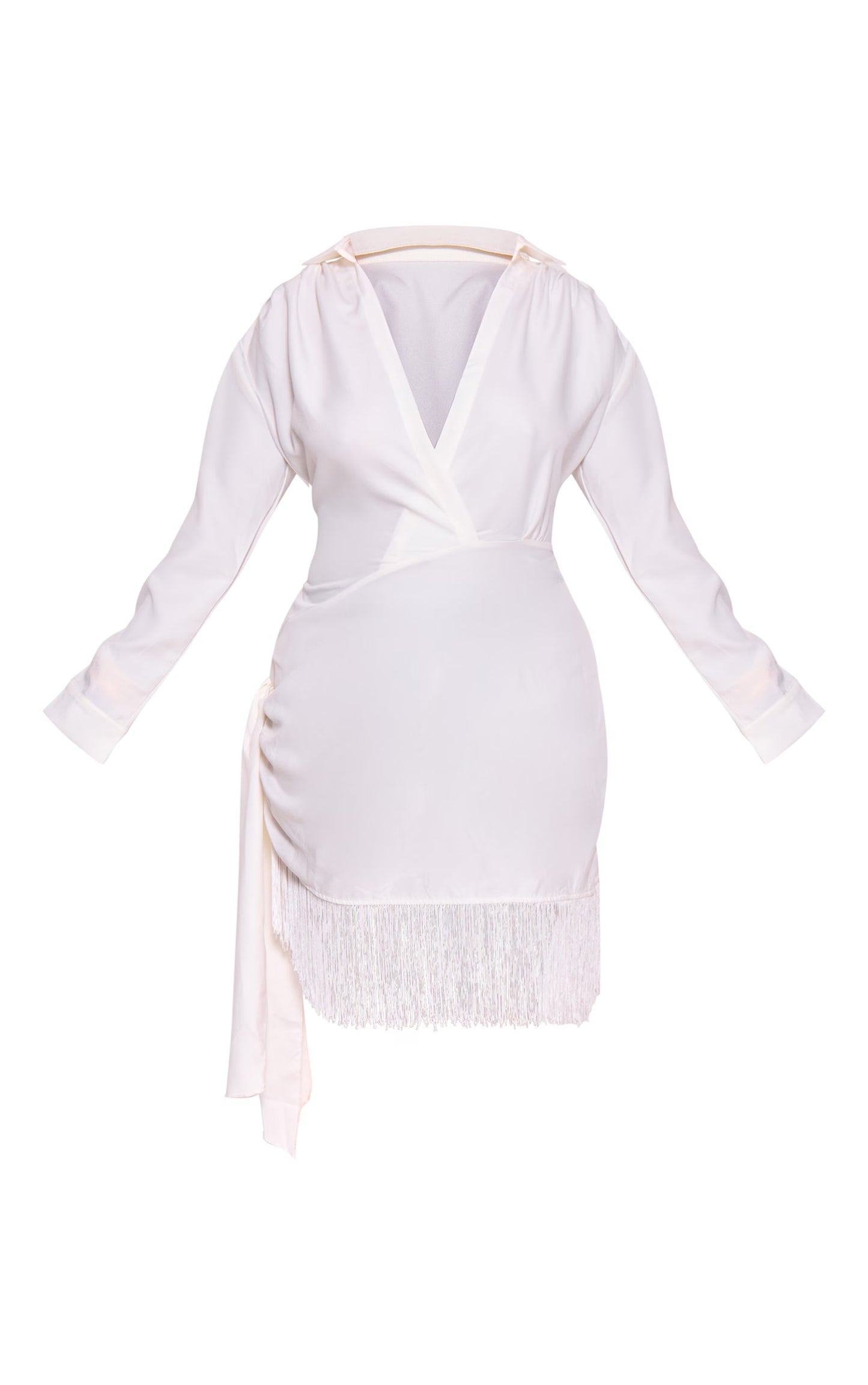 Plus White Long Sleeve Tassel Hem Drape Detail Bodycon Dress