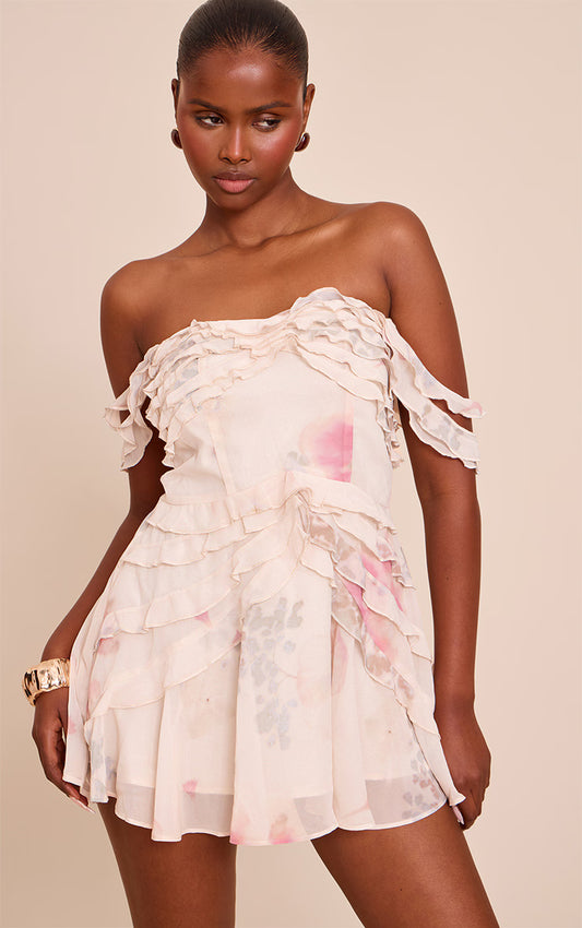 Multi Print Bardot Frill Details Shift Dress