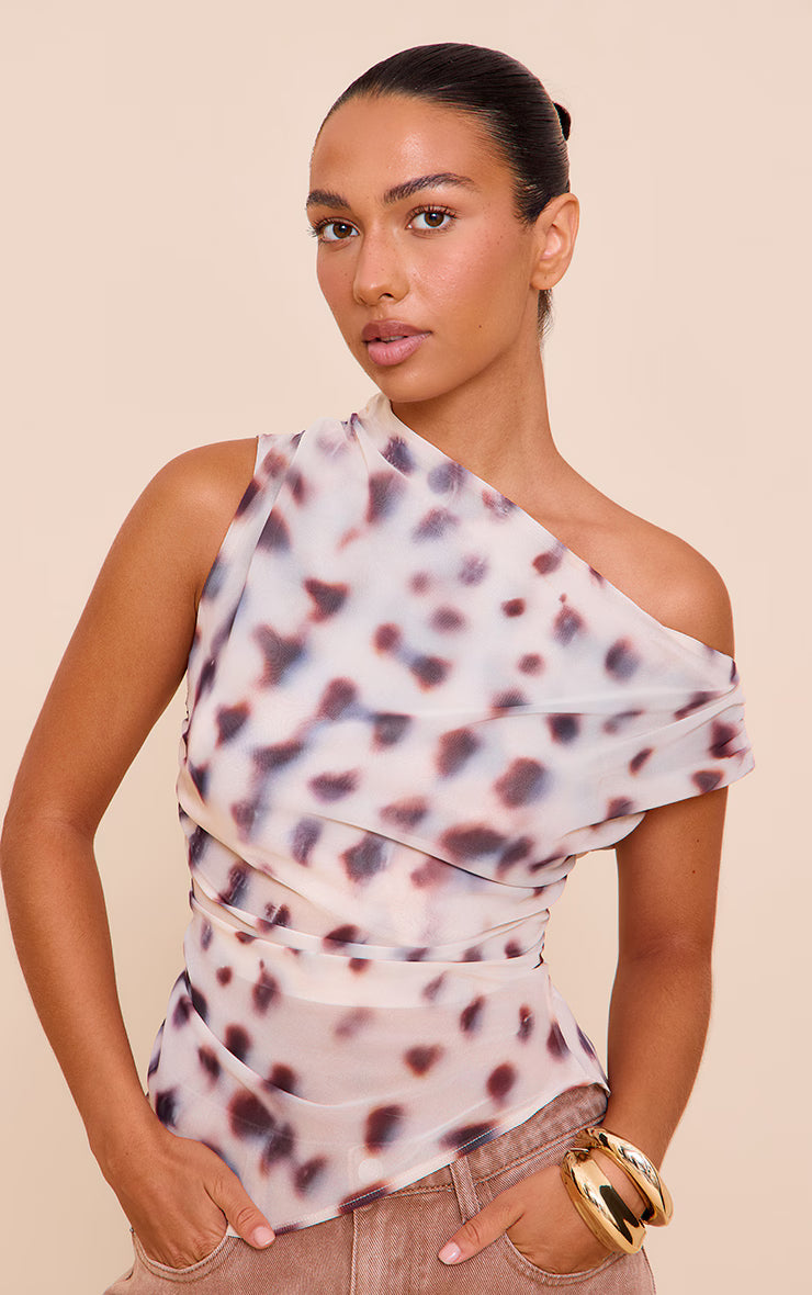 Cream Shell Printed Chiffon Asymmetric Hem Long Top