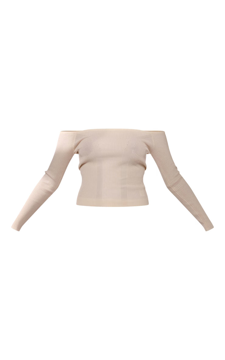 Cream Bardot Rib Knit Long Sleeve Top