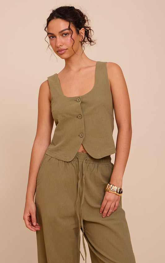 Khaki Tailored Linen Look Scoop Neck Fitted Vest