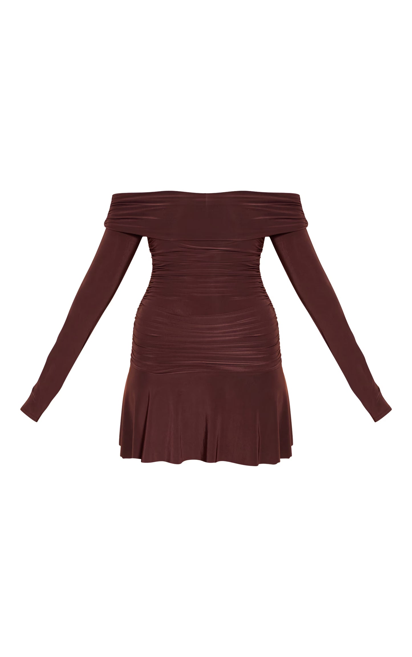 Chocolate Double Layer Slinky Long Sleeve Bardot Mini Dress