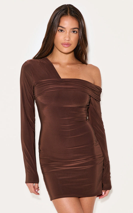 Dark Chocolate Double Layer Slinky Off Shoulder Mini Dress