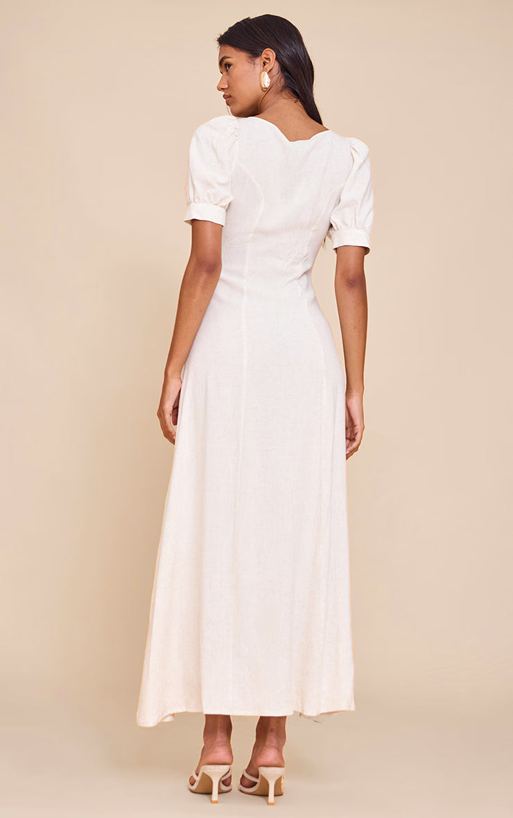 Natural Linen Look Button Puff Sleeve Midaxi Dress
