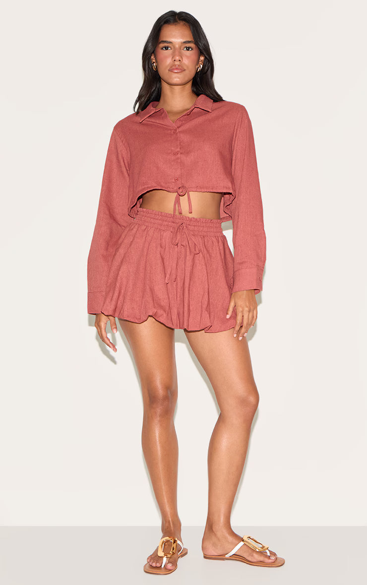 Rust Linen Look Drawstring Cropped Shirt