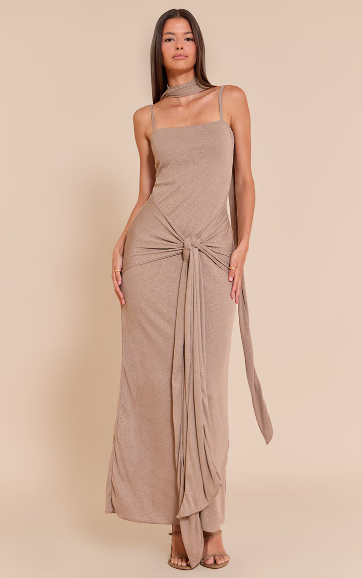 Mushroom Burnout Mesh Scarf Detail Maxi Dress