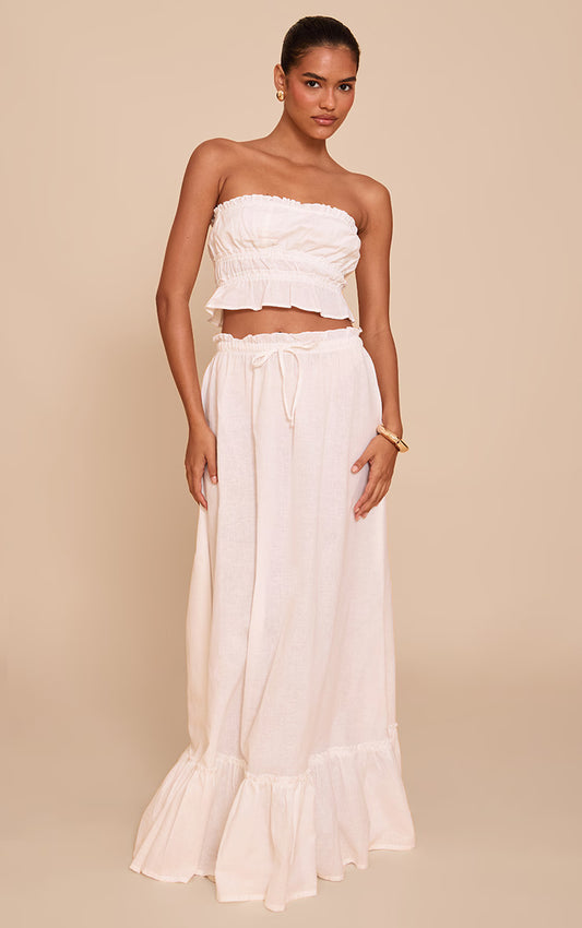 White Linen Blend Shirred Waist Maxi Skirt