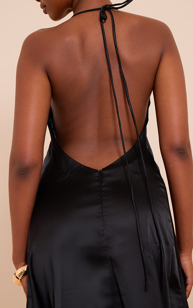 Black Satin Lace Up Back Maxi Slip Dress