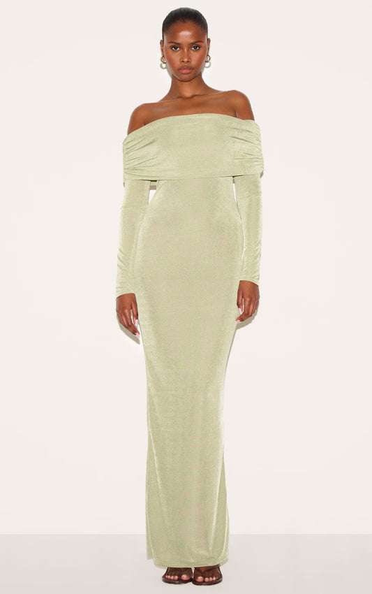 Sage Green Acetate Slinky Bardot Long Sleeve Maxi Dress