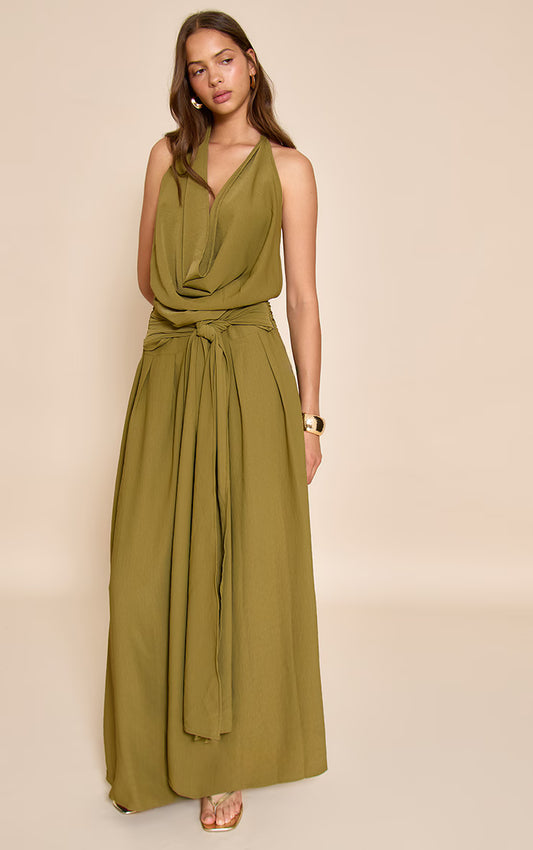 Olive Floaty Woven Cowl Neck Low Back Maxi Dress