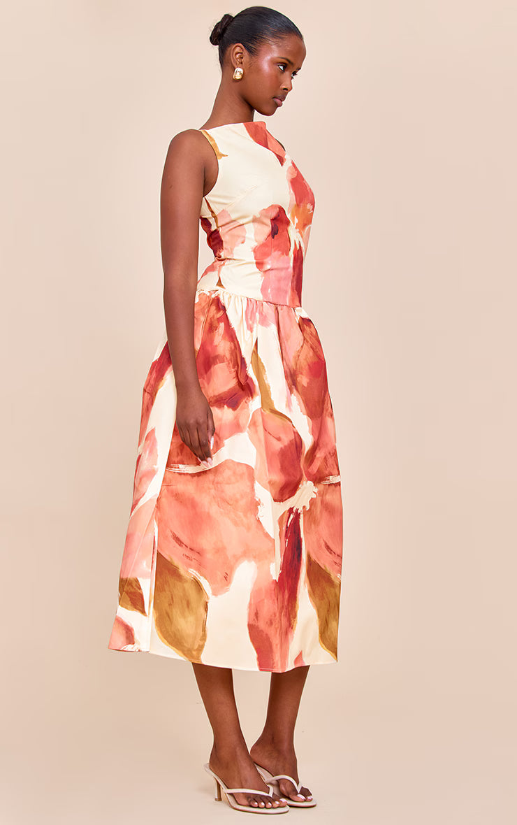 Pink Floral Print Dropped Waist Midaxi Dress