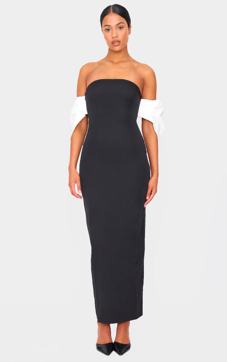 Tall Black Bow Detail Bodycon Midaxi Dress