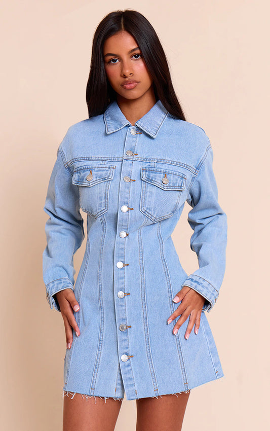Petite Light Blue Denim Long Sleeve Fitted Mini Dress