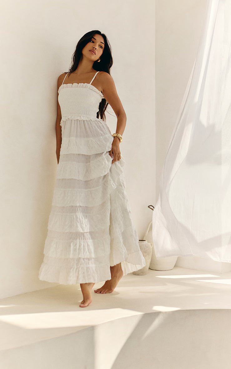 White Textured Shirred Tiered Maxi Dress