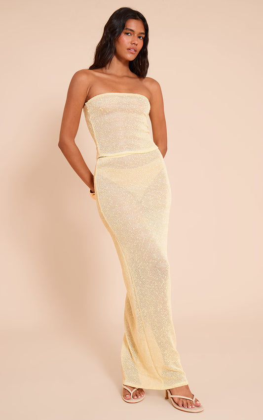 Pale Lime Textured Sequin Maxi Skirt