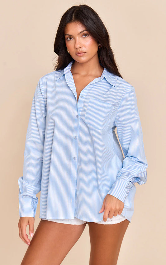 Blue Stripe Shoulder Pad Oversized Shirt