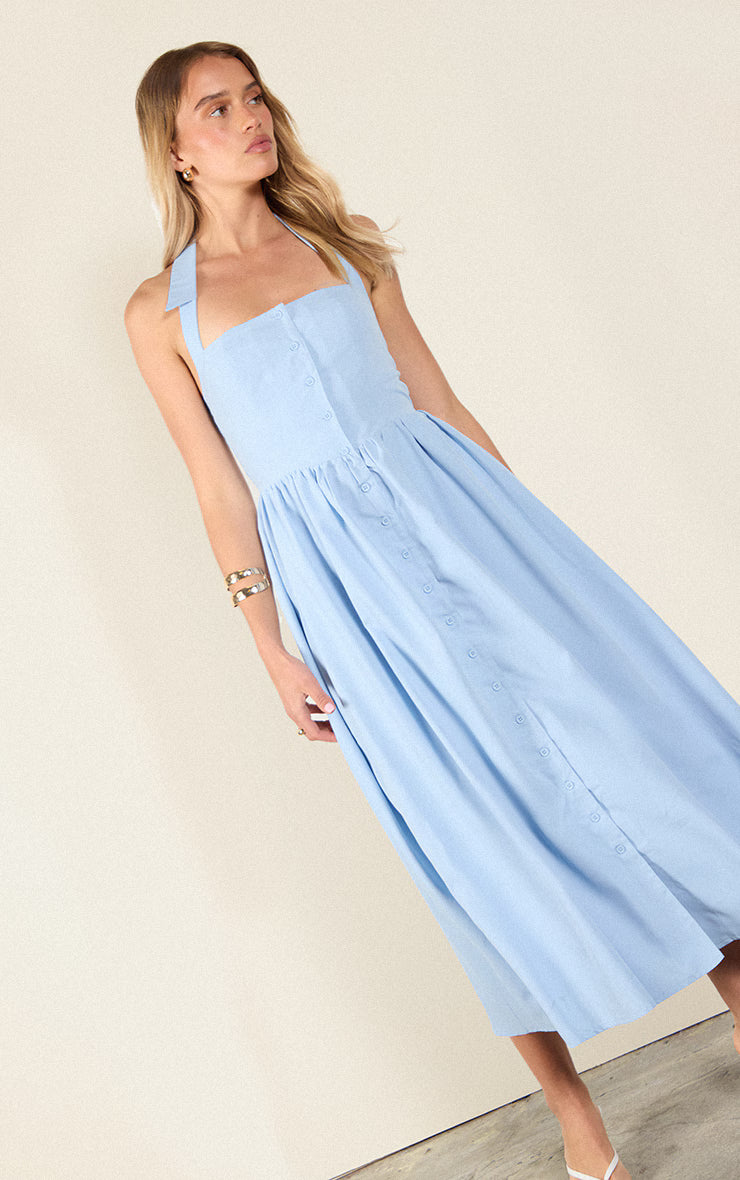 Blue Woven Button Collar Midaxi Dress