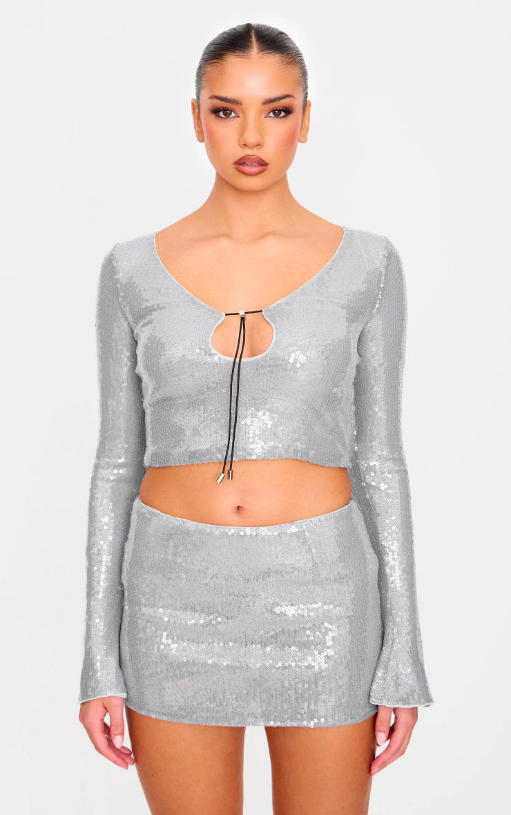 Silver Sequin Long Sleeve Tie Front Top