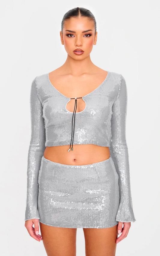 Silver Sequin Long Sleeve Tie Front Top