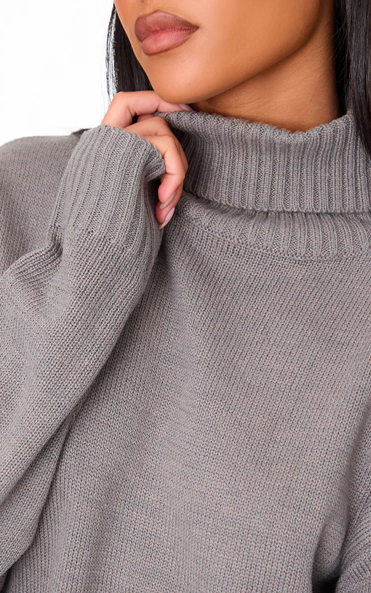 Tall Grey Soft Knit Roll Neck Oversized Sweater