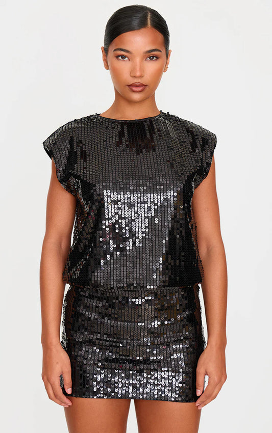 Black Sequin Shoulder Pad Sleeveless Bodycon Dress