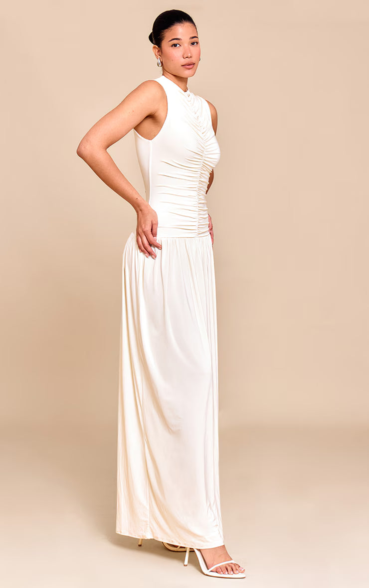 Cream Double Layer Soft Touch Drop Waist Ruched Maxi Dress