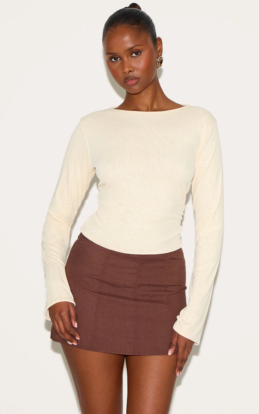 Almond Onion Skin Boatneck Flute Sleeve Long Top