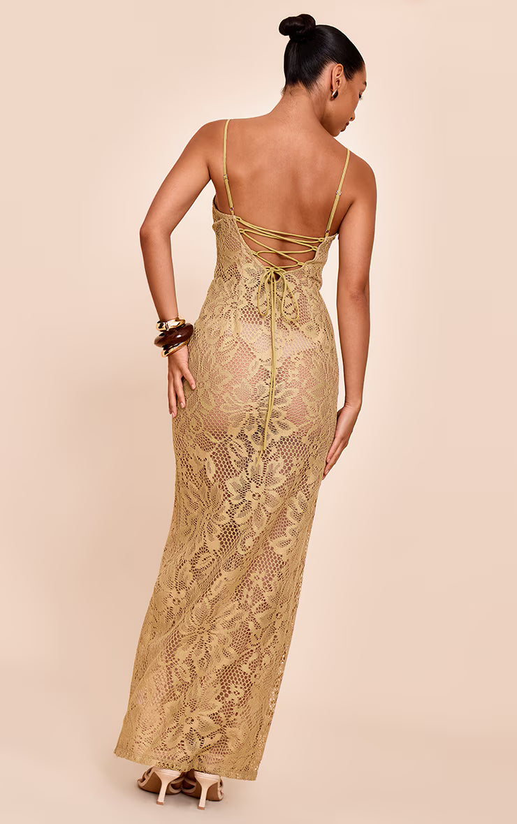 Sage Green Textured Lace Up Maxi Dress