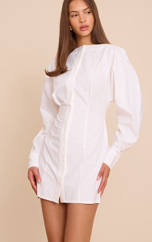 White Button Down Boat Neck Cocoon Sleeve Bodycon Dress