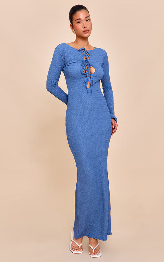 Blue Textured Tie Detail Long Sleeve Maxi Dress