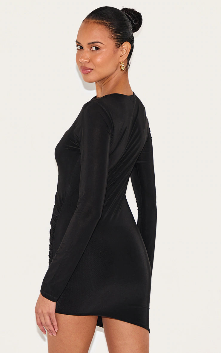 Black Double Layer Slinky Ruched Long Sleeve Mini Dress