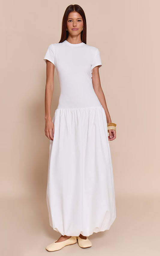 White Dropped Waist T Shirt Puff Ball Hem Maxi Dress