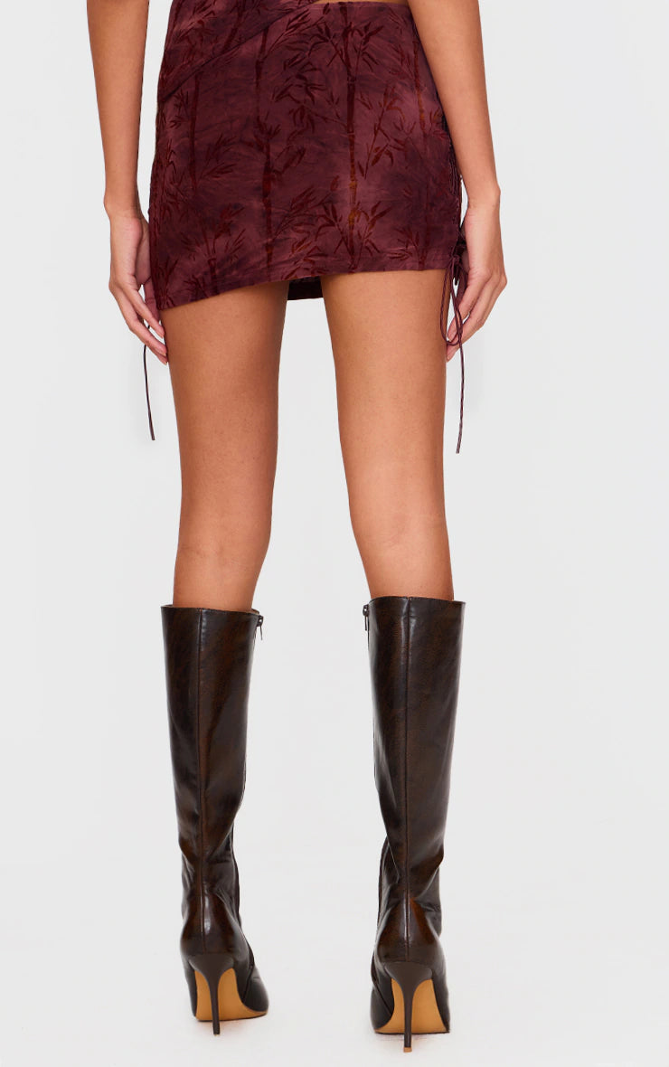 Burgundy Devore Tie Detail Micro Mini Skirt