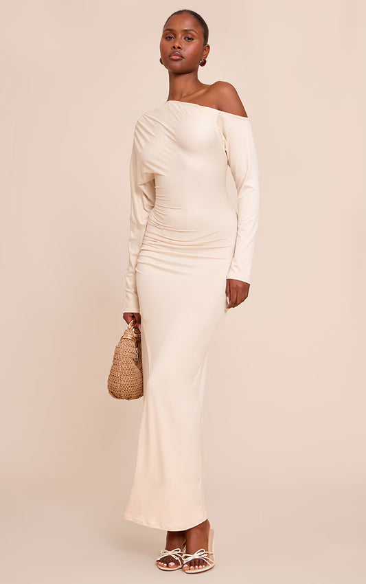 Almond Soft Touch One Shoulder Long Sleeve Maxi Dress