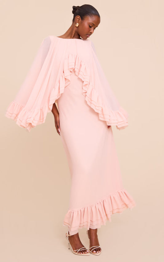 Blush Chiffon Extreme Overlay Frill Detail Maxi Dress