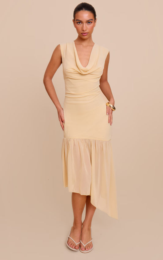 Butter Cream Chiffon Drape Detail Asymmetric Midaxi Dress