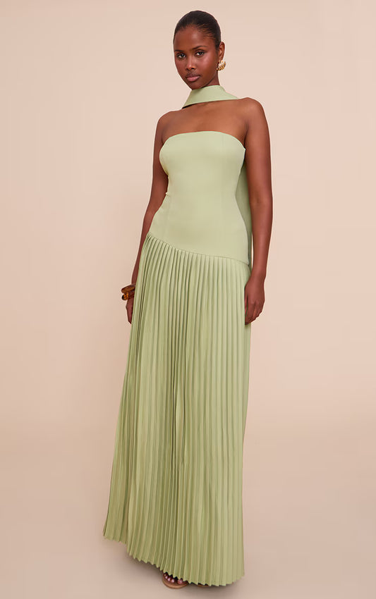 Sage Green Woven Asymmetric Pleated Maxi Dress
