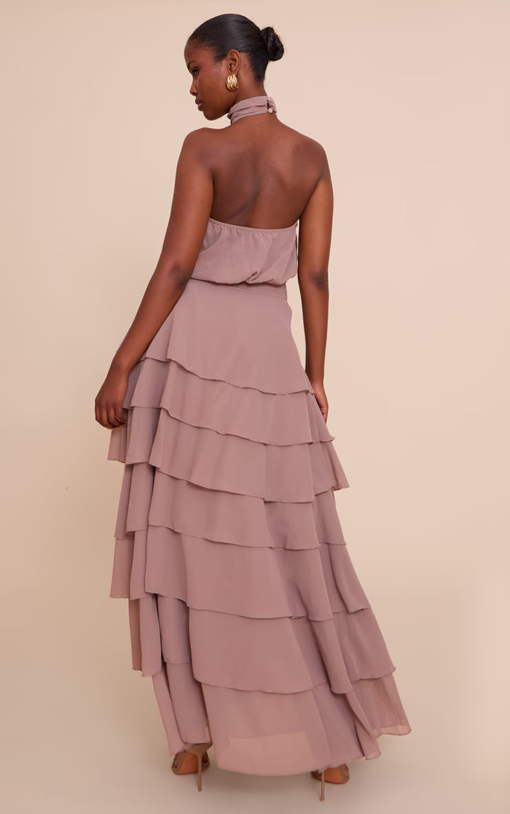 Taupe Chiffon Tiered Maxi Dress